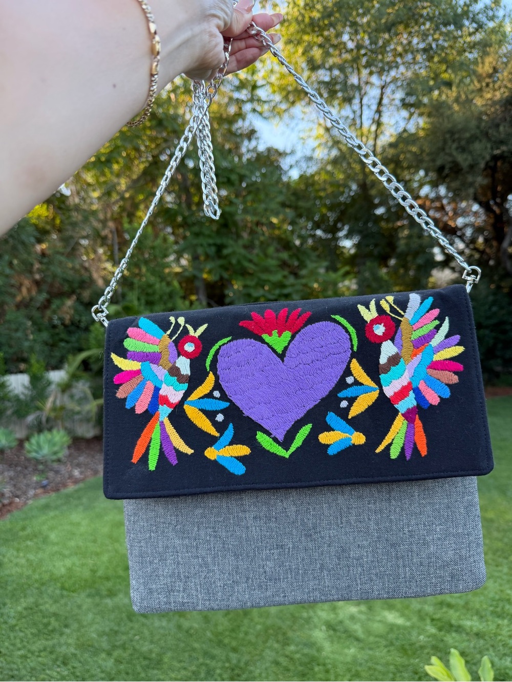 Embroidered Heart & Birds Bag in Black and Gray